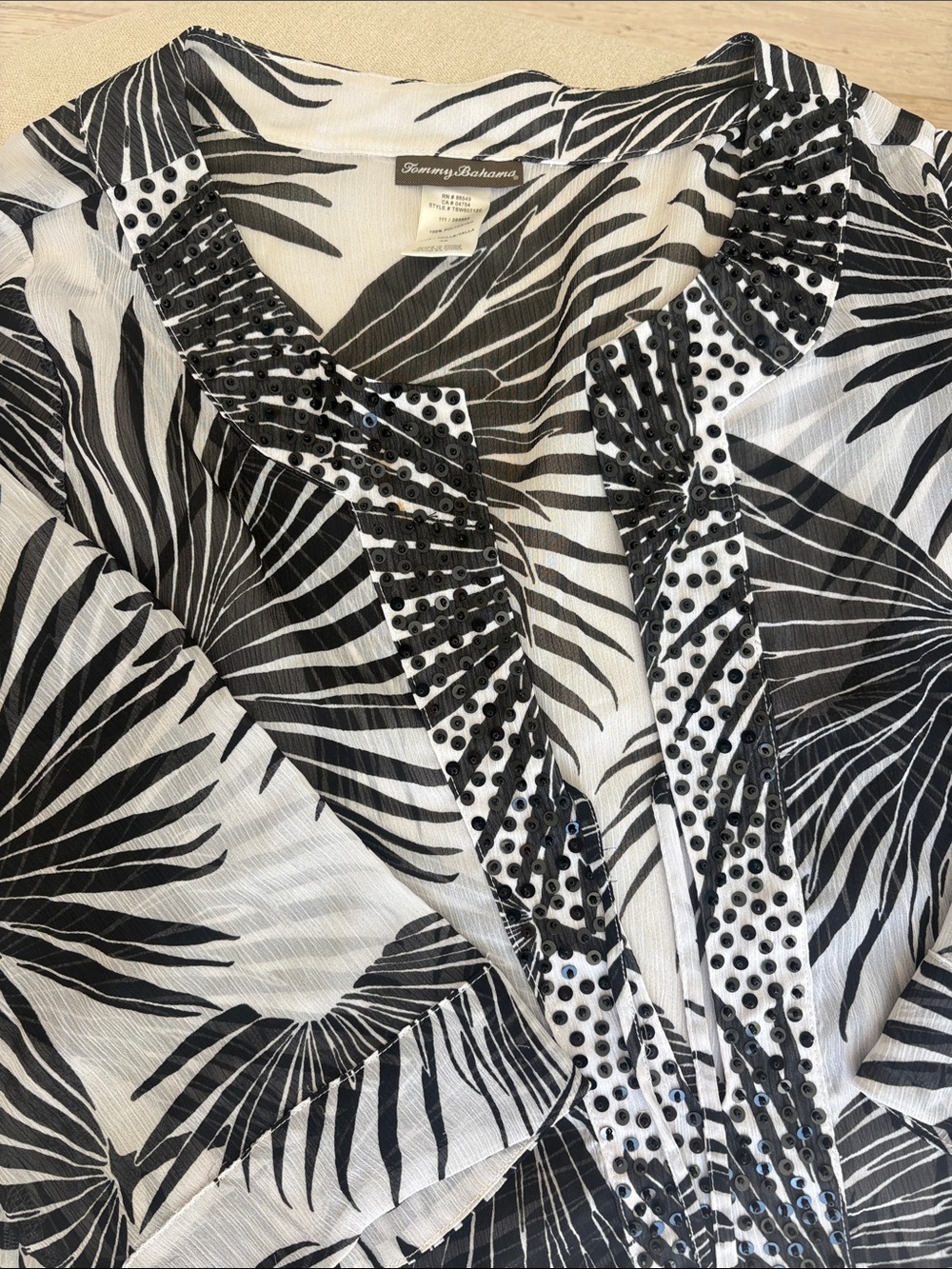 Tommy Bahama Black & White Palm-Print Coverup with Sequin Trim